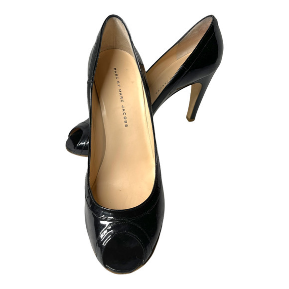 Marc by Marc Jacobs Black Open Toe Peep Toe‎ Patent Leather Heels Size 39 - Picture 1 of 8